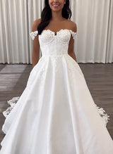 Off-The-Shoulder Sleeveless Court Train Lace Satin Wedding Dresses-Dbrbridal
