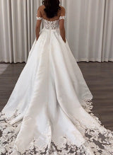 Off-The-Shoulder Sleeveless Court Train Lace Satin Wedding Dresses-Dbrbridal