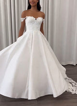 Off-The-Shoulder Sleeveless Court Train Lace Satin Wedding Dresses-Dbrbridal
