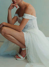 Off-The-Shoulder Sleeveless Detachable Lace Wedding Dresses-Dbrbridal