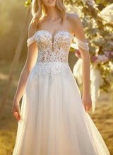 Off-The-Shoulder Sleeveless Lace Tulle Wedding Dress Appliques Lace-Dbrbridal