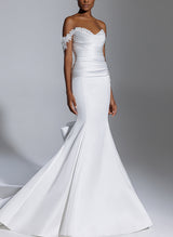 Off-The-Shoulder Sleeveless Satin Mermaid Fitted Wedding Dresses Bows-Dbrbridal