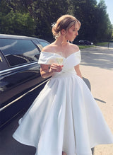 Off-The-Shoulder Sleeveless Satin Tea-Length Wedding Dress-Dbrbridal