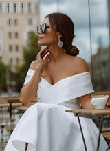 Off-The-Shoulder Sleeveless Satin Tea-Length Wedding Dress-Dbrbridal