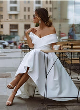 Off-The-Shoulder Sleeveless Satin Tea-Length Wedding Dress-Dbrbridal