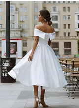 Off-The-Shoulder Sleeveless Satin Tea-Length Wedding Dress-Dbrbridal