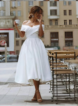 Off-The-Shoulder Sleeveless Satin Tea-Length Wedding Dress-Dbrbridal