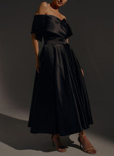 Off-The-Shoulder Sleeveless Satin Tea-Length Wedding Dress-Dbrbridal