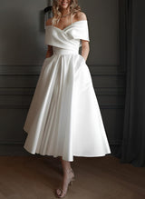 Off-The-Shoulder Sleeveless Satin Tea-Length Wedding Dress-Dbrbridal