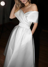 Off-The-Shoulder Sleeveless Satin Tea-Length Wedding Dress-Dbrbridal