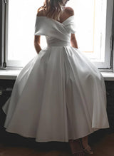 Off-The-Shoulder Sleeveless Satin Tea-Length Wedding Dress-Dbrbridal