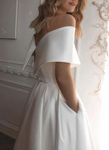 Off-The-Shoulder Sleeveless Satin Tea-Length Wedding Dress-Dbrbridal