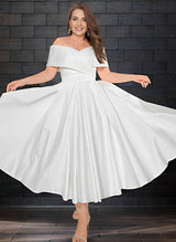 Off-The-Shoulder Sleeveless Satin Tea-Length Wedding Dress-Dbrbridal