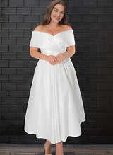 Off-The-Shoulder Sleeveless Satin Tea-Length Wedding Dress-Dbrbridal