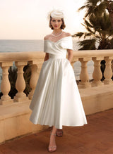 Off-The-Shoulder Sleeveless Satin Tea-Length Wedding Dress-Dbrbridal