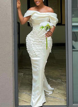 Off-The-Shoulder Sleeveless Satin Wedding Dresses Bows-Dbrbridal