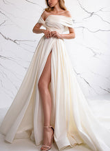 Off-The-Shoulder Sleeveless Satin Wedding Dresses Split Front-Dbrbridal