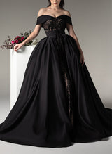 Off-The-Shoulder Sleeveless Sweep Train Satin Wedding Dresses-Dbrbridal