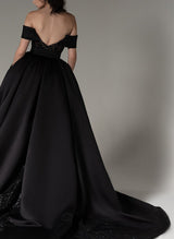 Off-The-Shoulder Sleeveless Sweep Train Satin Wedding Dresses-Dbrbridal