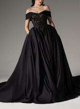 Off-The-Shoulder Sleeveless Sweep Train Satin Wedding Dresses-Dbrbridal