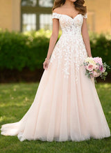 Off-the-Shoulder Sleeveless Tulle Sweep Train Wedding Dress Appliques Lace-Dbrbridal