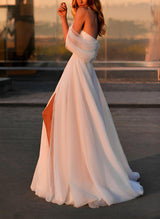 Off-The-Shoulder Sleeveless Tulle Wedding Dress Split Front-Dbrbridal