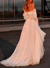 Off-The-Shoulder Sleeveless Tulle Wedding Dress Split Front-Dbrbridal
