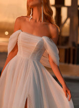 Off-The-Shoulder Sleeveless Tulle Wedding Dress Split Front-Dbrbridal