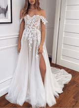 Off-The-Shoulder Slit Boho Garden Lace Wedding Dresses-Dbrbridal