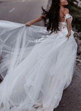 Off-The-Shoulder Slit Boho Garden Lace Wedding Dresses-Dbrbridal