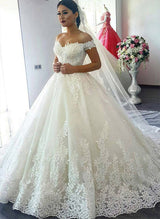 Off-The-Shoulder Tulle Court Train Wedding Dress Appliques Lace-Dbrbridal