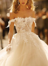 Off the shoulder Tulle Lace Sweep Train Wedding Dress-Dbrbridal