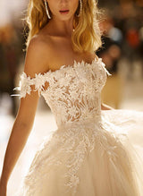 Off the shoulder Tulle Lace Sweep Train Wedding Dress-Dbrbridal