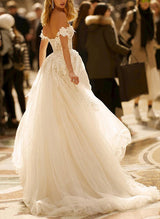 Off the shoulder Tulle Lace Sweep Train Wedding Dress-Dbrbridal