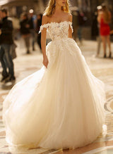 Off the shoulder Tulle Lace Sweep Train Wedding Dress-Dbrbridal