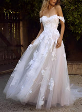 Off-The-Shoulder Tulle Lace Wedding Dress Appliques Lace-Dbrbridal