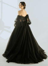 Off-the-Shoulder Tulle Wedding Dress Long Sleeves in Black Ball-Gown-Dbrbridal