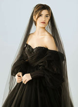 Off-the-Shoulder Tulle Wedding Dress Long Sleeves in Black Ball-Gown-Dbrbridal