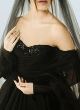 Off-the-Shoulder Tulle Wedding Dress Long Sleeves in Black Ball-Gown-Dbrbridal