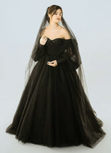 Off-the-Shoulder Tulle Wedding Dress Long Sleeves in Black Ball-Gown-Dbrbridal
