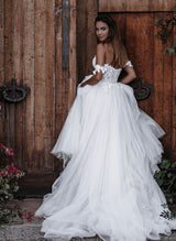 Off-The-Shoulder Wedding Dresses Tulle Boho Garden Lace Princess-Dbrbridal