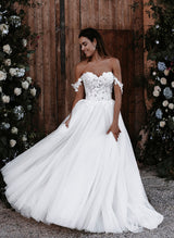Off-The-Shoulder Wedding Dresses Tulle Boho Garden Lace Princess-Dbrbridal