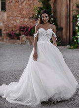 Off-The-Shoulder Wedding Dresses Tulle Boho Garden Lace Princess-Dbrbridal