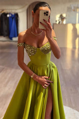Olive Green Off-the-Shoulder Prom Dress with A-Line Cut Long Slit and Sequins-Dbrbridal