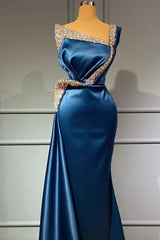 One Shoulder Blue Sequns Long Mermaid Prom Dress Beading-Dbrbridal