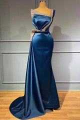One Shoulder Blue Sequns Long Mermaid Prom Dress Beading-Dbrbridal