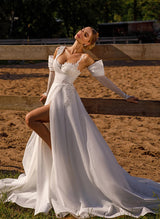 One-Shoulder Chic A-line Wedding Dresses Long Sleeves Court Train Appliques Lace-Dbrbridal