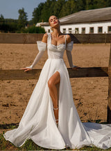 One-Shoulder Chic A-line Wedding Dresses Long Sleeves Court Train Appliques Lace-Dbrbridal