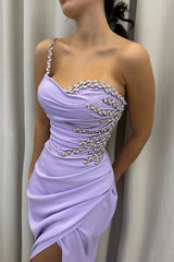 One Shoulder Lilac Mermaid Prom Dress with Crystal Split Hem-Dbrbridal