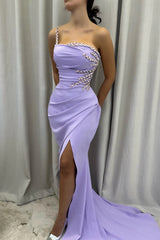 One Shoulder Lilac Mermaid Prom Dress with Crystal Split Hem-Dbrbridal